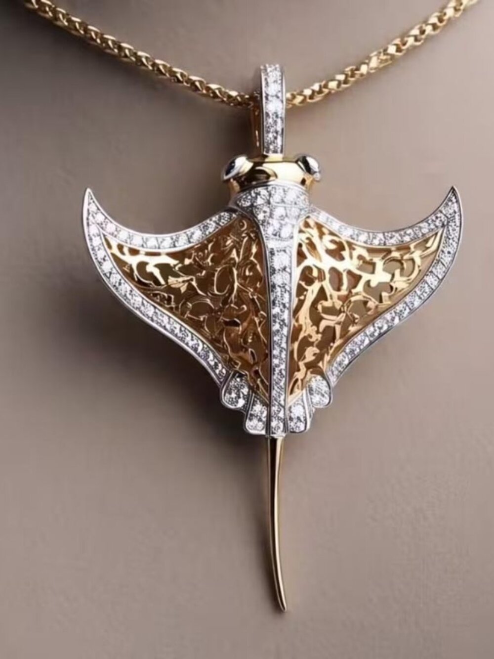 GOLDEN AND SILVERY STINGRAY SKATE FISH PENDANT NECKLACE N